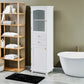 High bathroom storage cabinet with glass door, freestanding, two drawers and adjustable shelves, MDF board, painted white