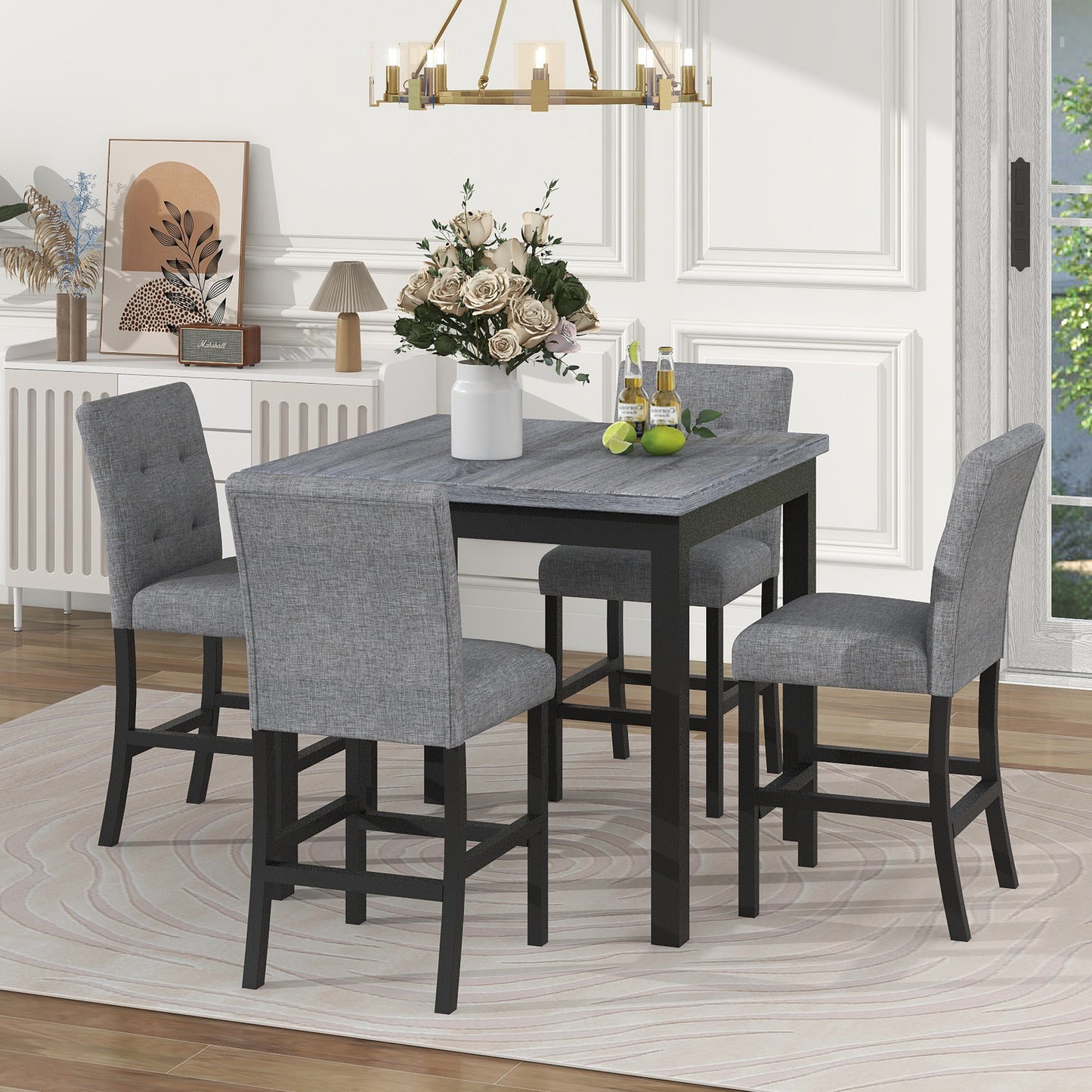 TOPMAX 5-Piece Cabinet Dining Table Set, Wooden Square Table with 4 Soft Cushioned High Back Chairs, Black