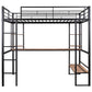 Full Size Loft Metal&MDF Bed with Long Desk and Shelves Black