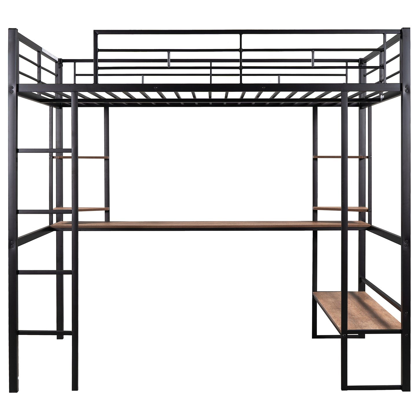 Full Size Loft Metal&MDF Bed with Long Desk and Shelves Black