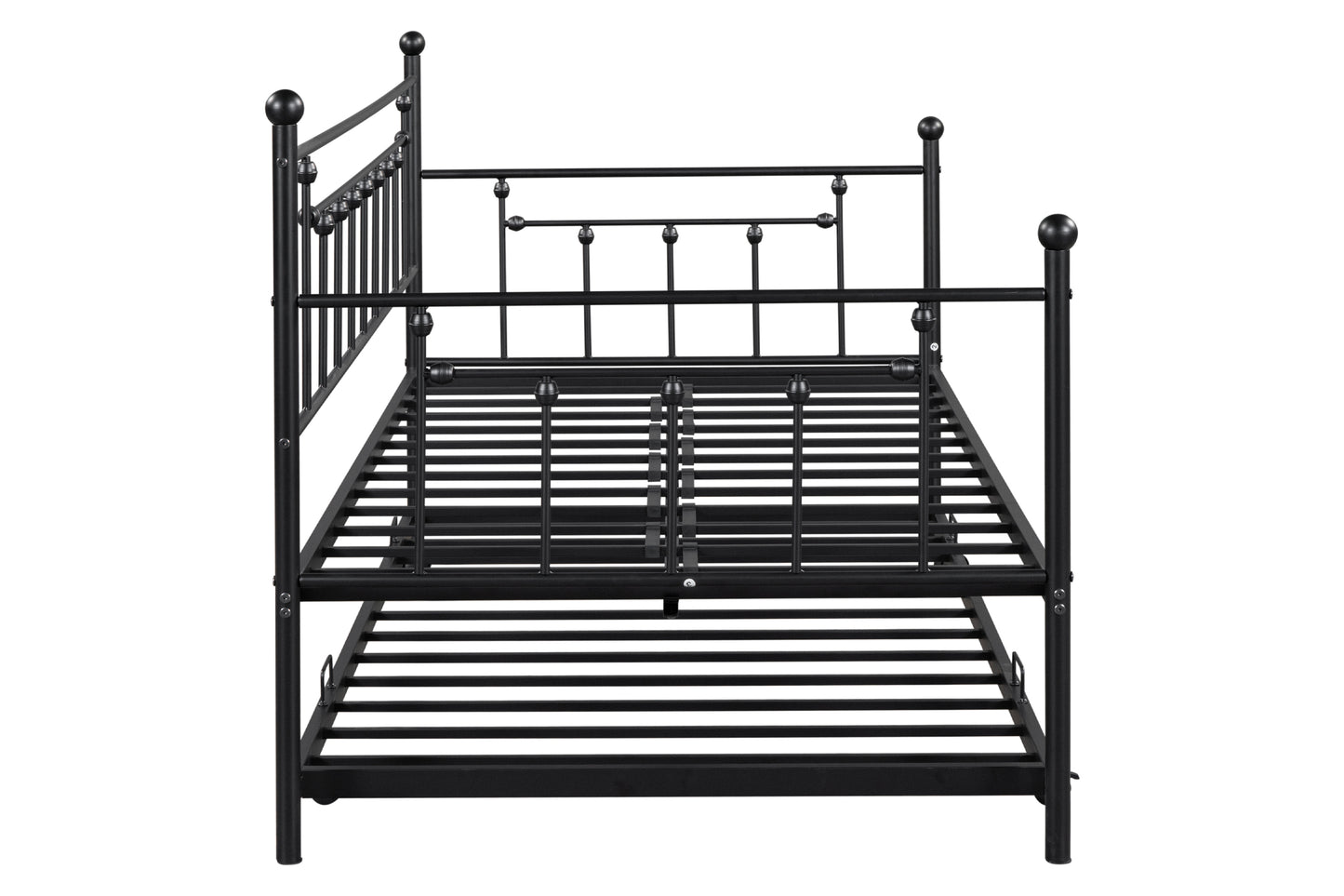 Metal double bed with ear shaft/sturdy/noise reduction/flexible ear shaft/retro style/no need for spring box (Black)