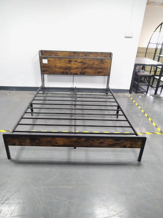 Bed Frame with Charging Station, Full Size in Rustic Brown, 83.1" L x 56.1" W x 39" H