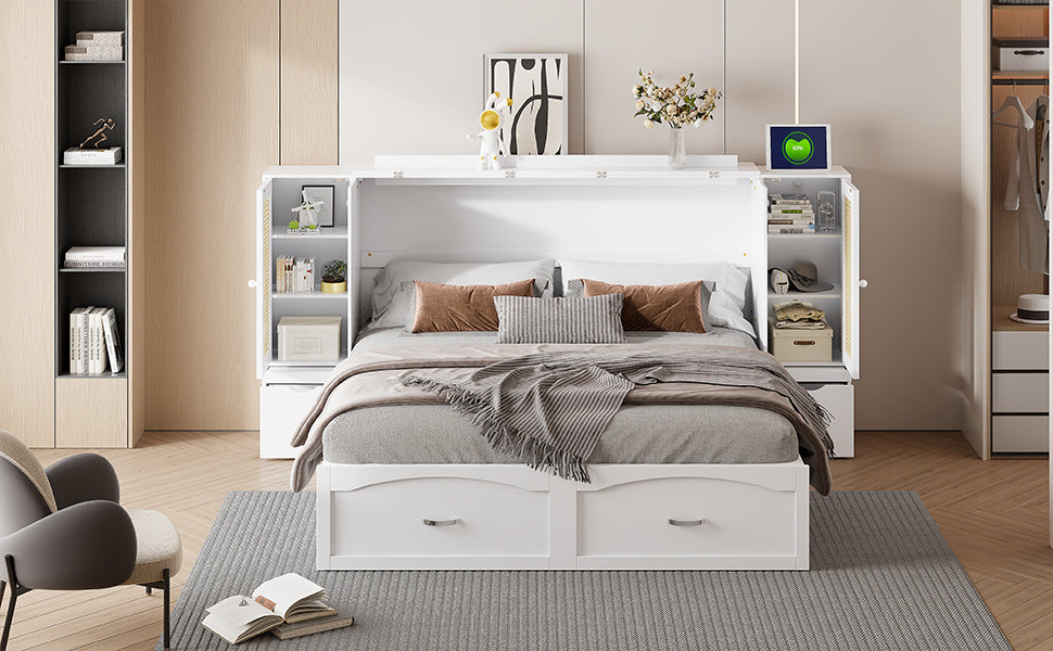 Cama plegable grande con cajones, gabinetes de almacenamiento y puertos USB, acabado blanco