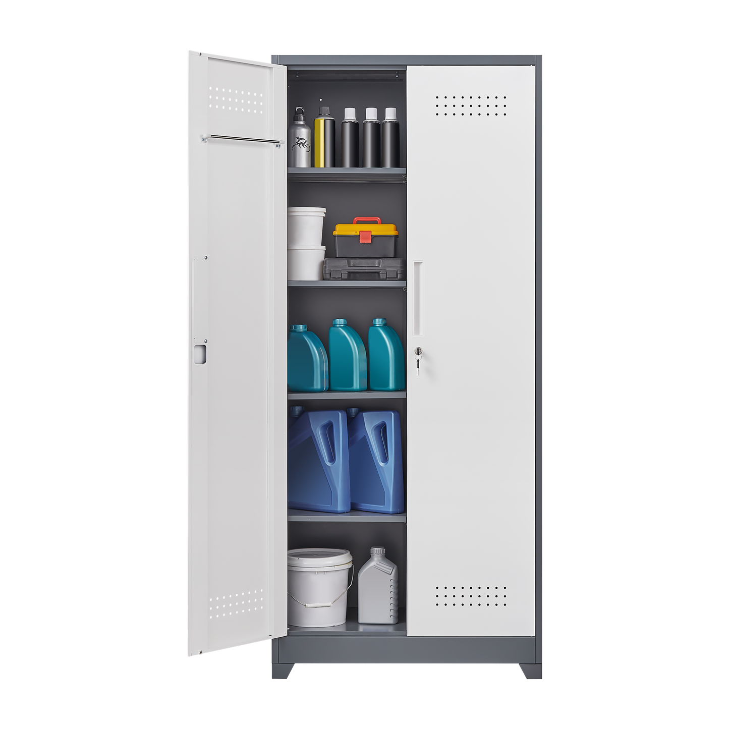 Metal storage cabinets, lockable cleaning tool cabinets, high broom tool organizers, and large storage cabinets in storage store