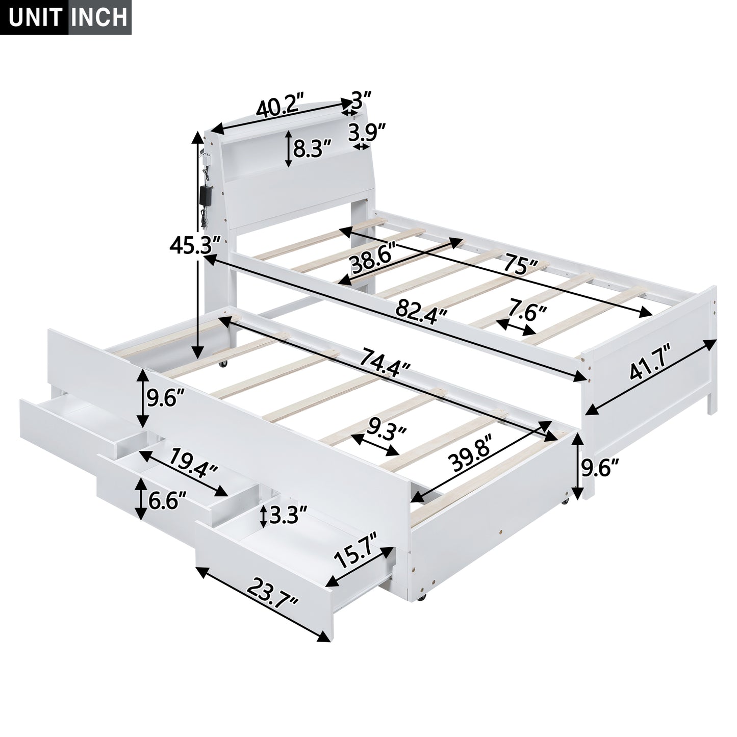 Twin Size Platform Bed with Storage LED Headboard Twin Size Trundle and 3 Drawers White