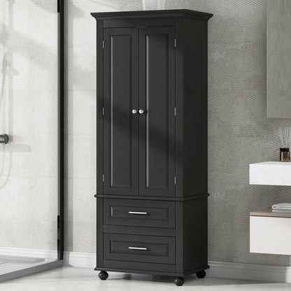 Tall Storage Cabinet with Two Drawers, Perfect for Bathrooms and Offices, Black Finish