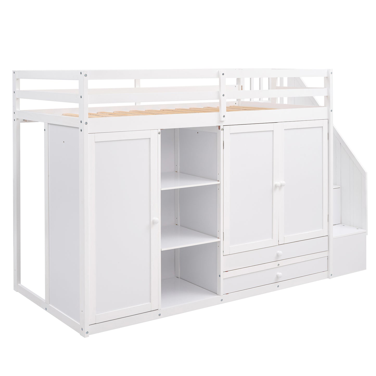 Functional Loft Bed with 3 Shelves, 2 Wardrobes and 2 Drawers, Ladder with Storage, No Box Spring Needed, White