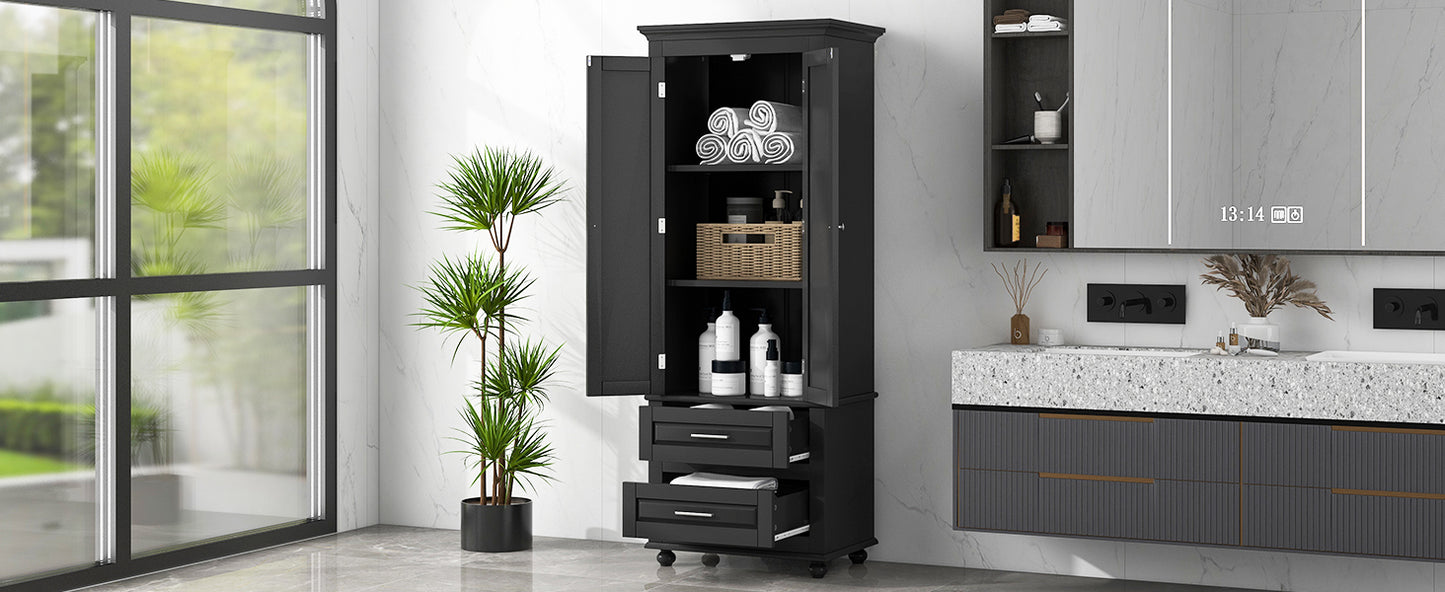 Tall Storage Cabinet with Two Drawers, Perfect for Bathrooms and Offices, Black Finish