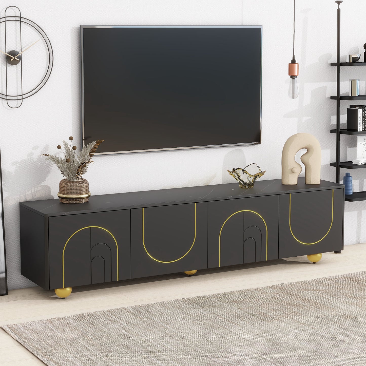 U-Can modern TV stand is suitable for TVs under 75 inches and comes with a storage cabinet top marble pattern and circular stand