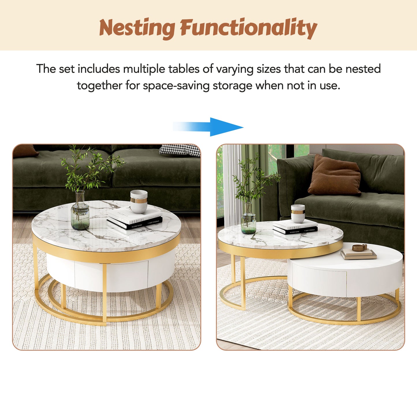 Modern Round Nesting Coffee Table with Drawers, White Finish for Living Rooms