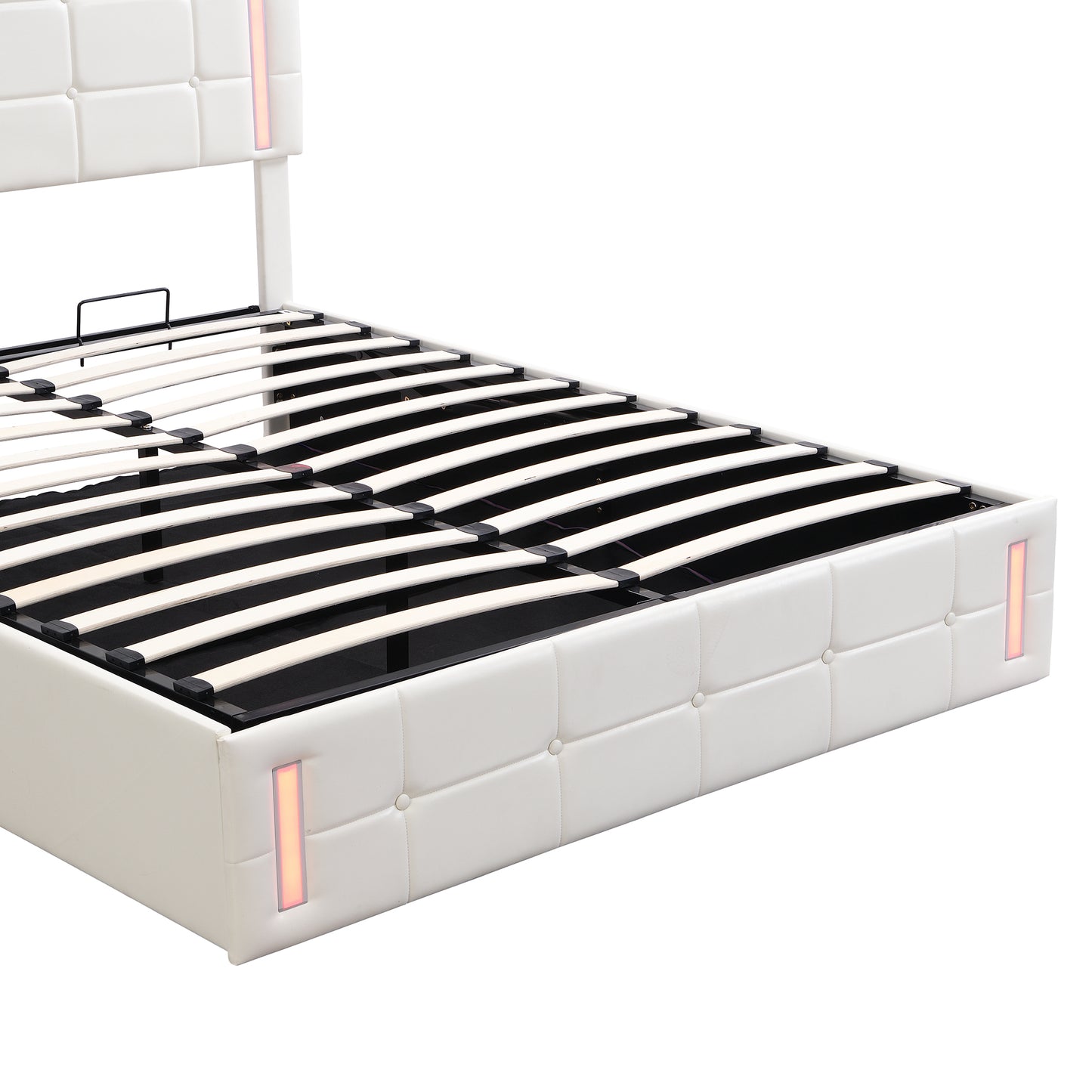 Queen Size Upholstered Bed with LED Lights,Hydraulic Storage System and USB Charging Station,White