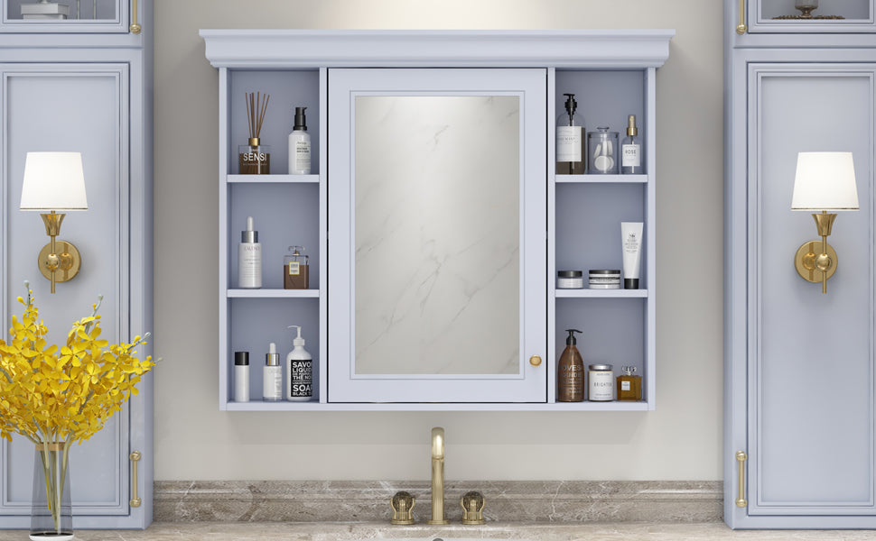 35'' x 28'' Blue Wall Mounted Bathroom Storage Cabinet with Mirror Door, Modern Bathroom Wall Cabinet with Mirror