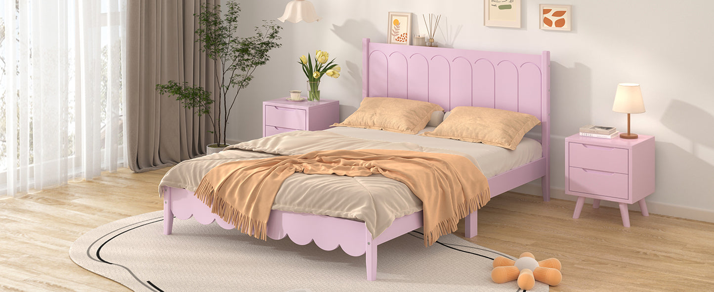 Full Size Wood Platform Bed Frame, Retro Style Bed with Rectangular Headboard,No Need Box Spring,Pink