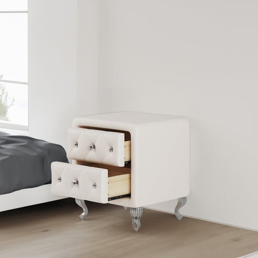 Elegant PU bedside table with 2 drawers and crystal handles, storage with metal legs - white