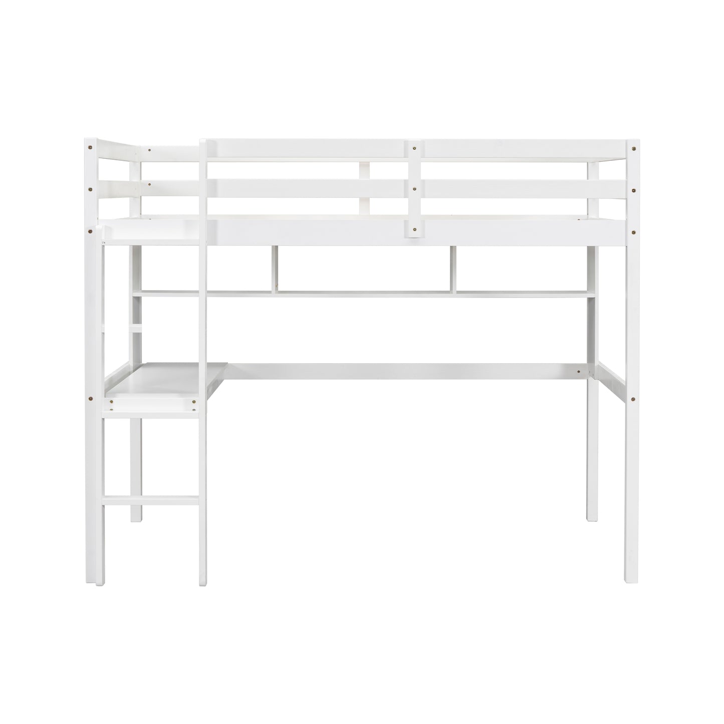 Twin Loft Bed with built-in desk and bookcase of three compartments, Guardrails and Ladder,White