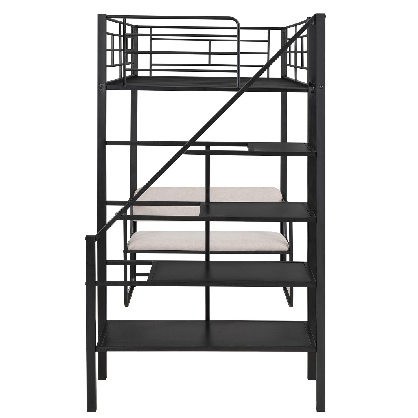 Twin Size Metal Loft Bed with Bench and Storage Staircase  Black