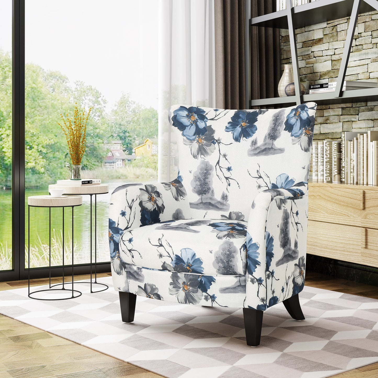 Modern Retro Printed Fabric Club Chair, White and Blue Patterned Armchair for Living Rooms