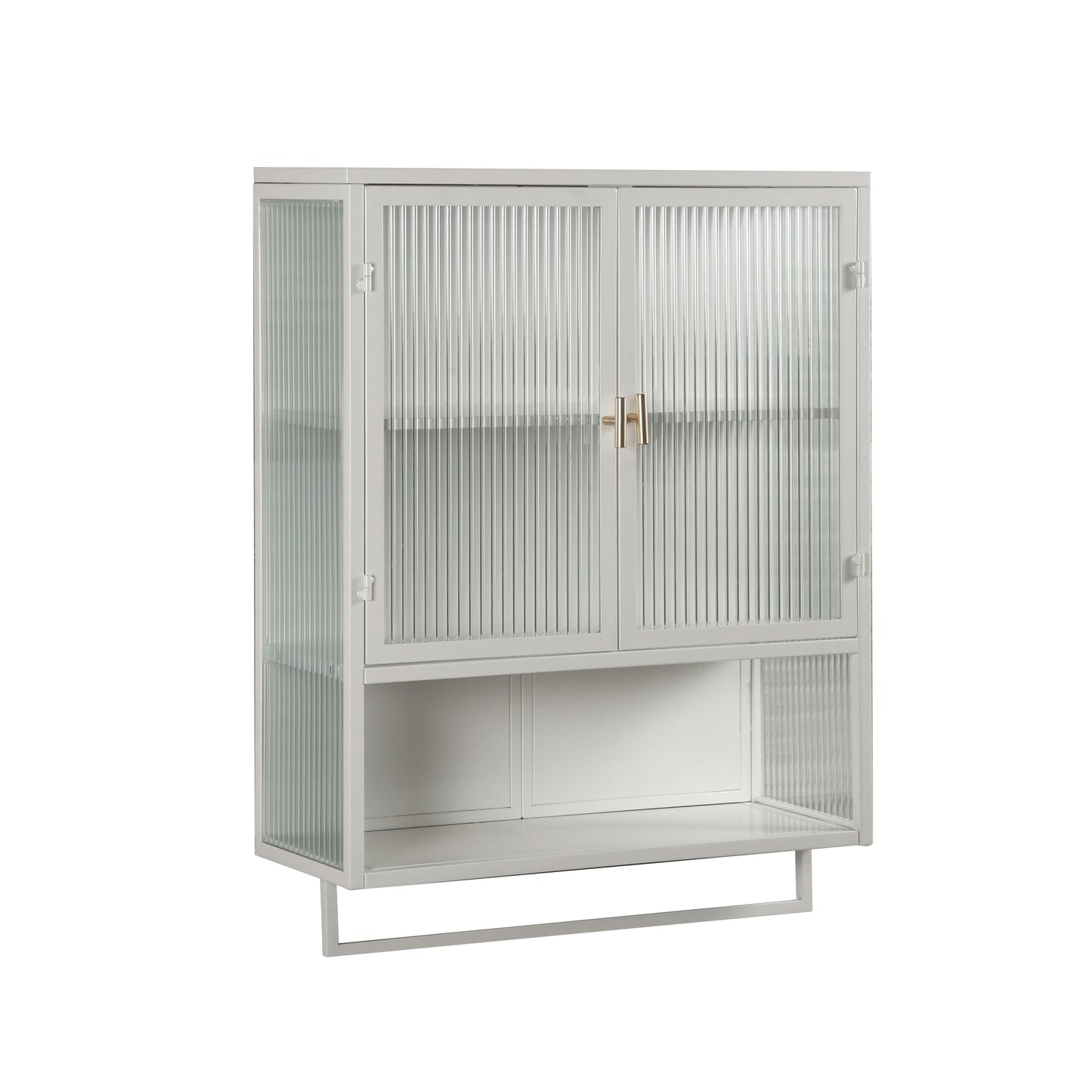 Glass Doors Modern Two-door Wall Cabinet with Featuring Two-tier Enclosed Storage an Open Shelf and Towel Rack