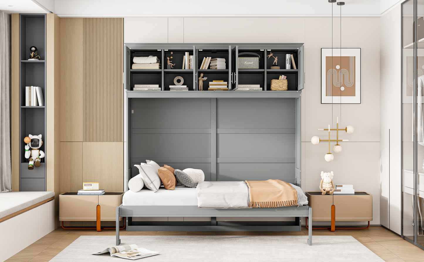 Full Size Murphy Bed Wall Bed with Top Cabinets, Gray Finish for Space-Saving Bedrooms