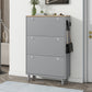 ON-TRANS narrow design shoe cabinet with 3 flip drawers and 3 independent shoe racks with 3 hooks, gray