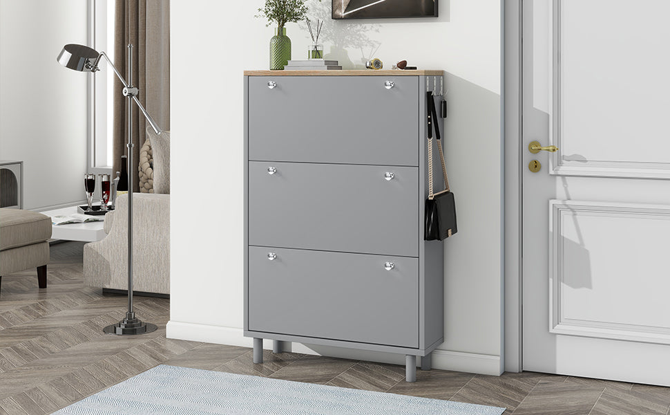 ON-TRANS narrow design shoe cabinet with 3 flip drawers and 3 independent shoe racks with 3 hooks, gray