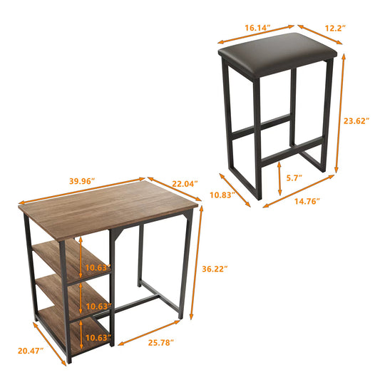 Modern 3-Piece Bar tabies and chairs Set with 2 Chairs for Dining Room Black Frame+Brown oak board surface+Black cushion