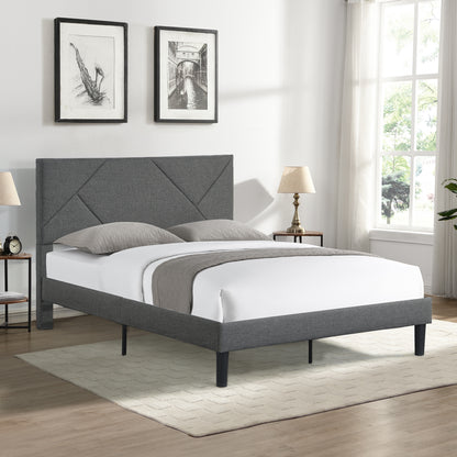 Queen Size Upholstered Platform Bed Frame Wood Slat Support Grey