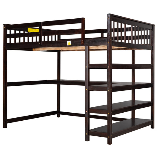 Full Size Loft Bed with Storage Shelves and Under-bed Desk  Espresso