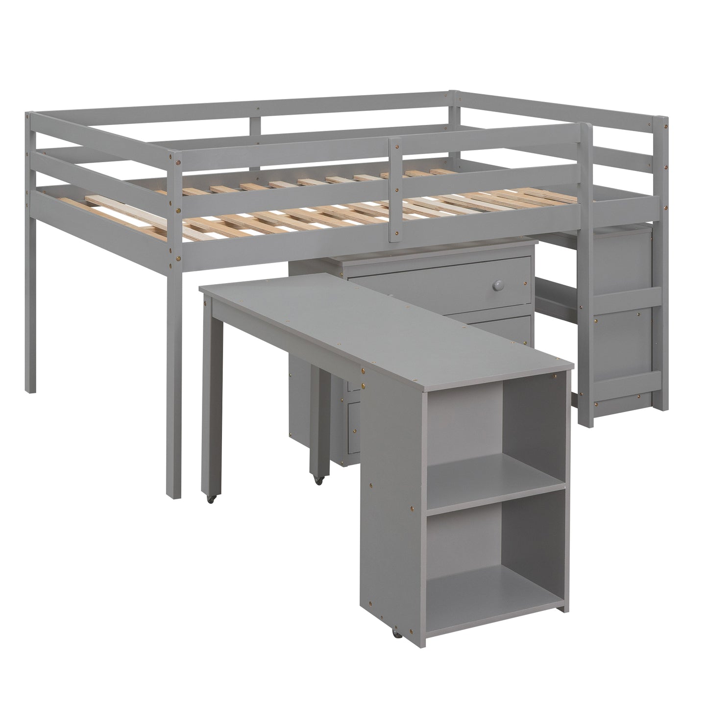 Low Study Full Loft Bed with Cabinet Shelves and Rolling Portable Desk Multiple Functions Bed- Gray