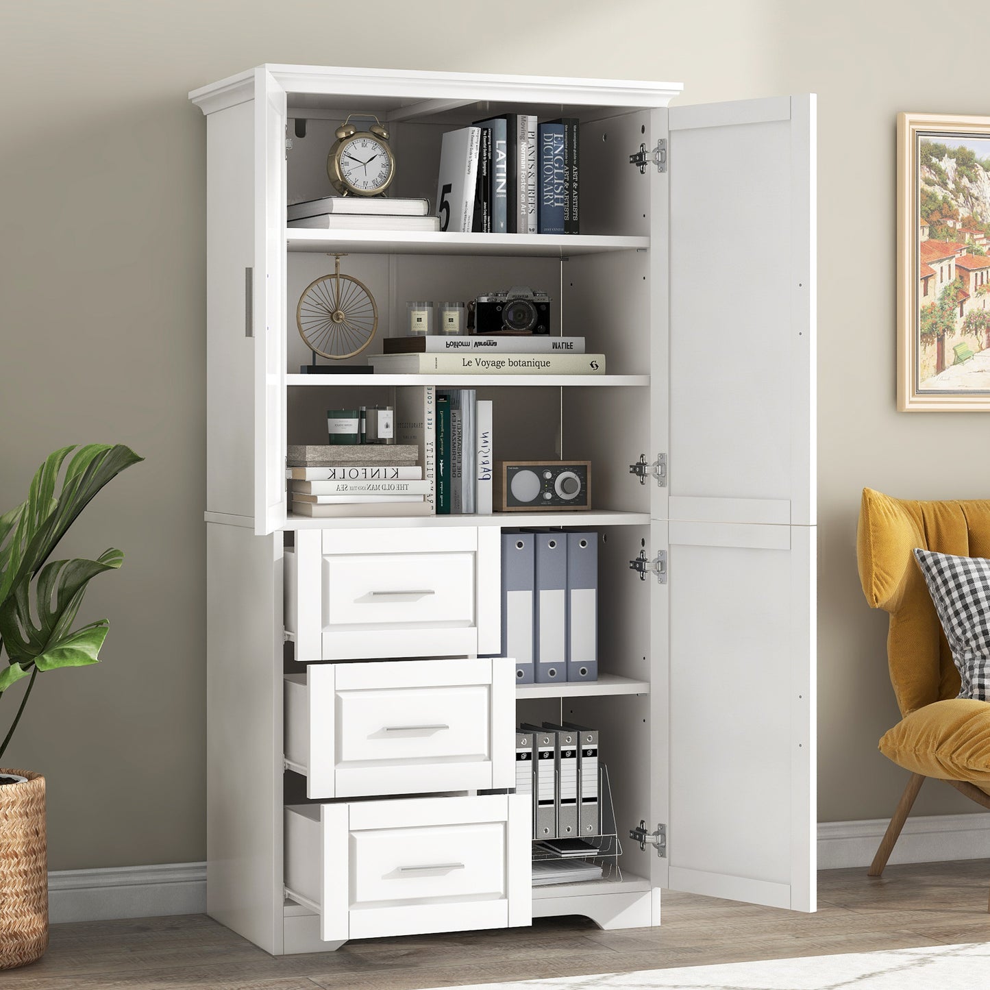 Tall and Wide Storage Cabinet with Doors, Three Drawers for Bathrooms and Offices, White Finish