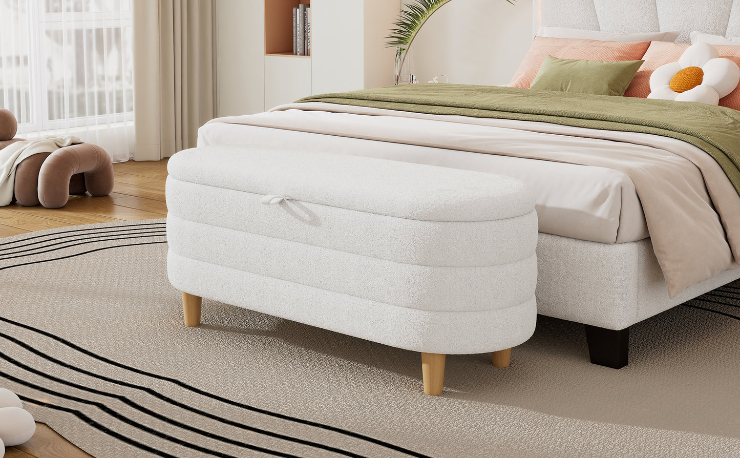 Elegant Upholstered Sherpa Fabric Storage Ottoman with Wood Legs, Storage Bench for Bedroom, Living Room, White