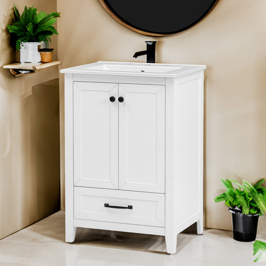 24" Bathroom Vanity with Sink, Solid Wood and MDF Cabinet with One Drawer and Doors, White Finish