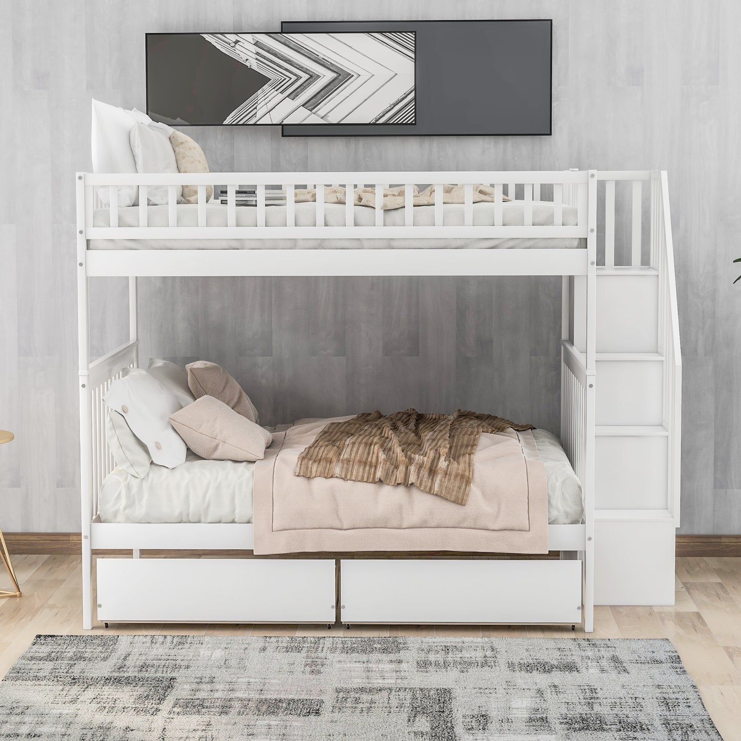 Full over Full Bunk Bed with Two Drawers and Storage White