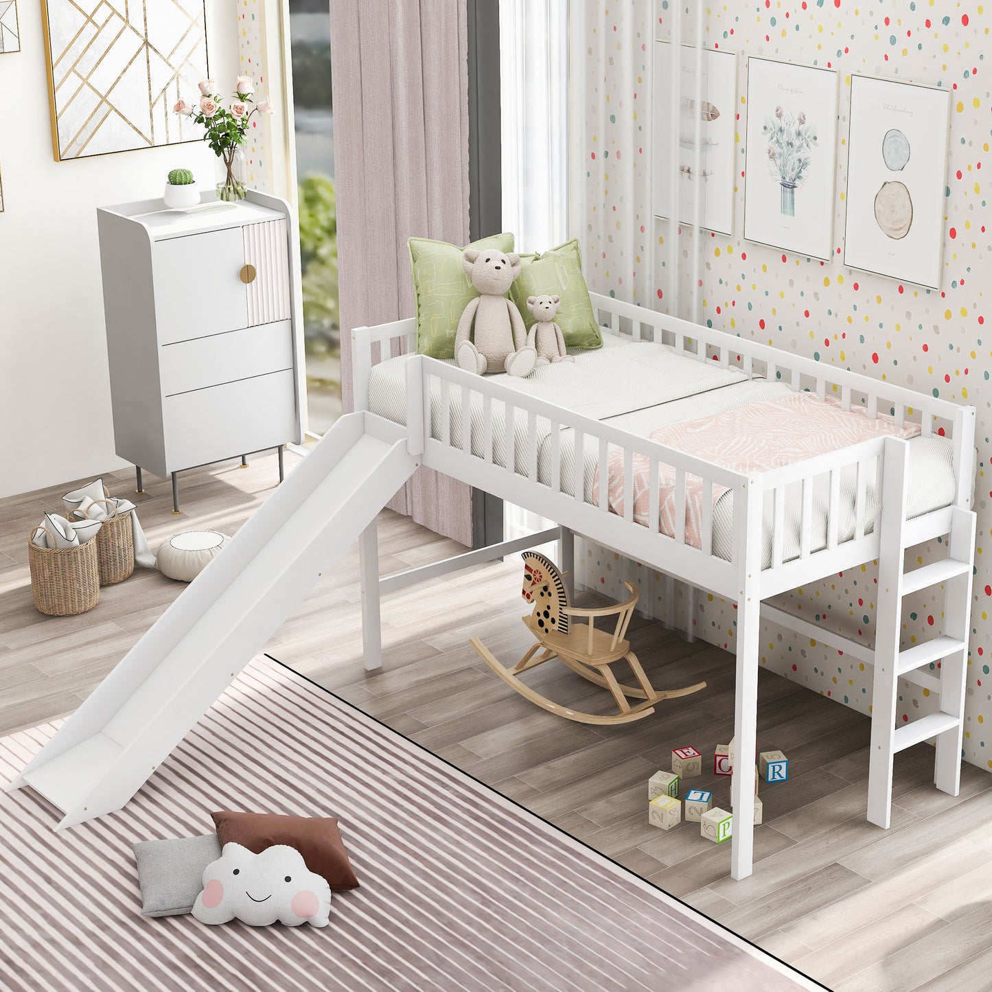 Twin Size Low Loft Bed with Ladder and Slide White