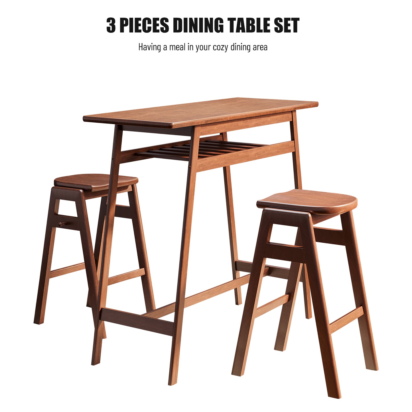 3-Piece Pub Dining Set, Retro Bar Table with Rubber Wood Stackable Backless High Stools for 2