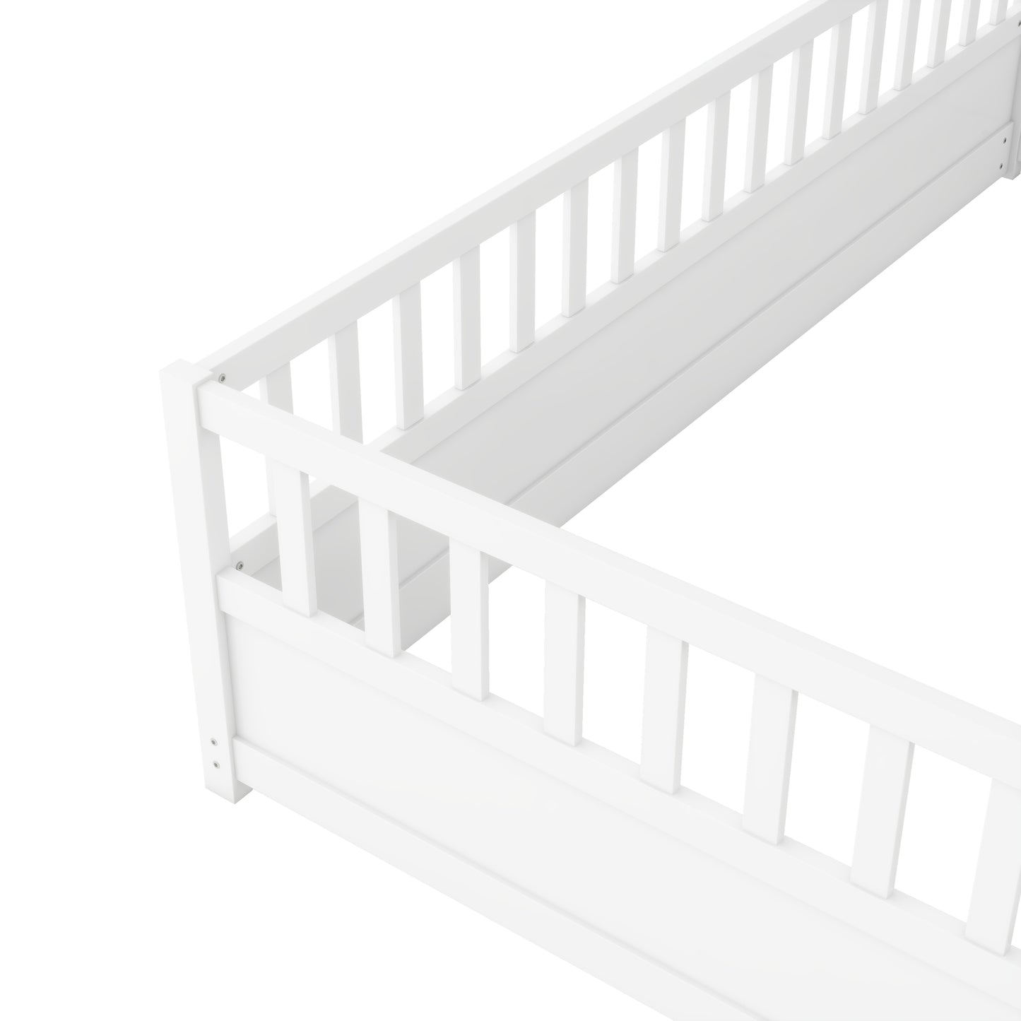 Double bed floor standing bed with ultra-high safety barrier, children's floor standing bed frame, Montessori wooden white