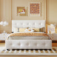 Upholstered Platform Bed with Classic Headboard and 4 Drawers No Box Spring Needed Linen Fabric Queen Size White