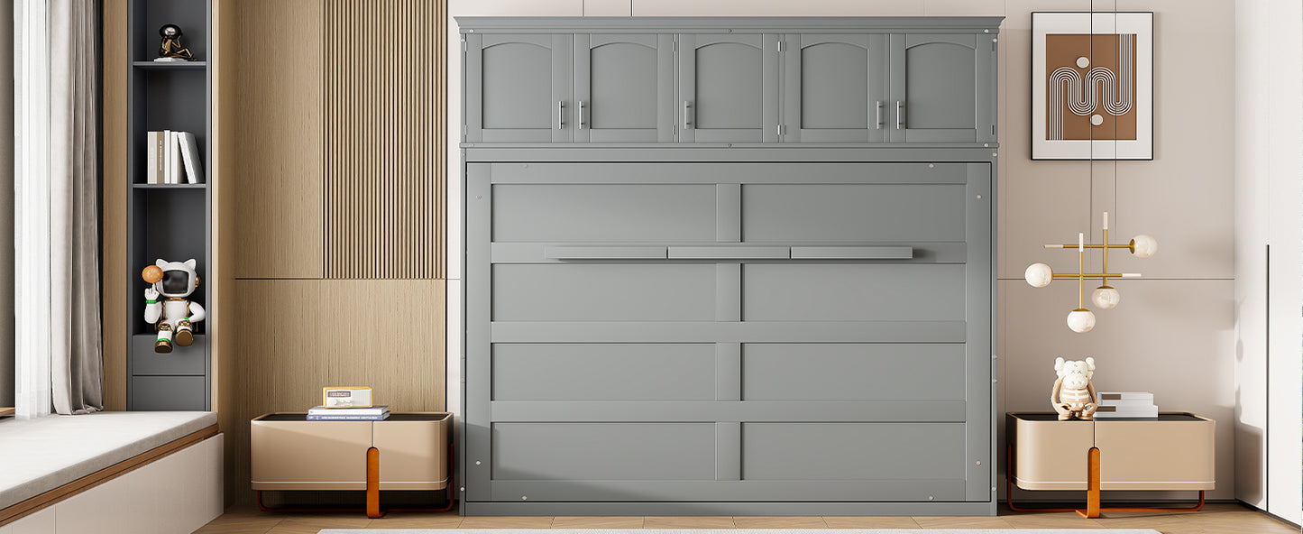 Full Size Murphy Bed Wall Bed with Top Cabinets, Gray Finish for Space-Saving Bedrooms