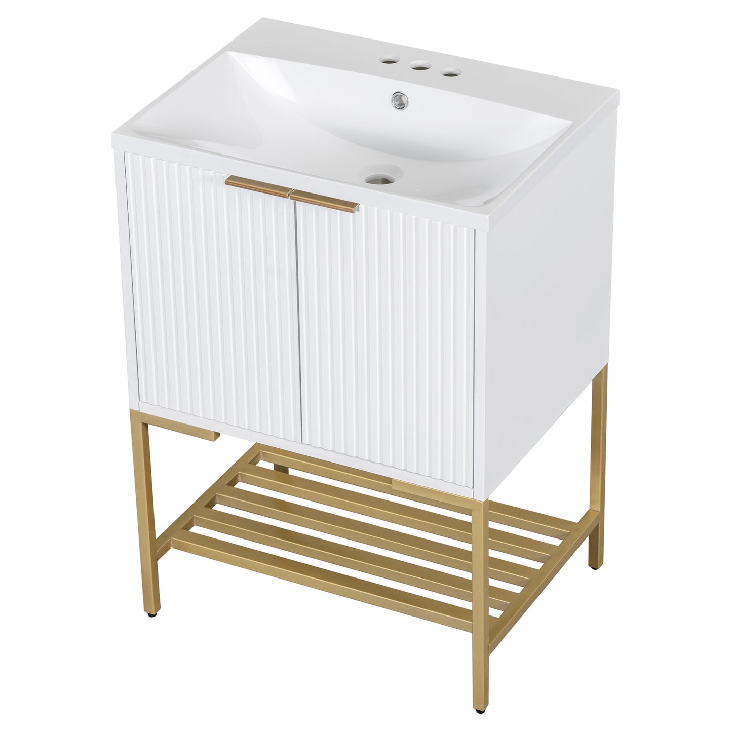 Bathroom Vanity with Sink, Bathroom Vanity Cabinet with Two Doors and Gold Metal Frame, Open Storage Shelf, White