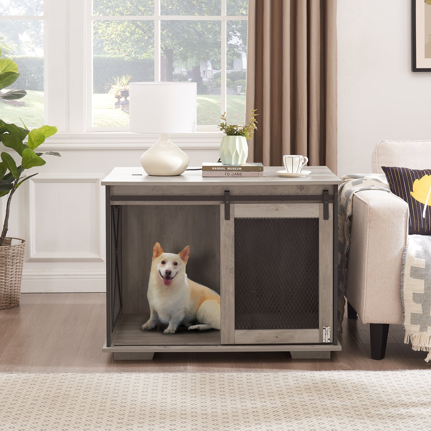 Farmhouse Dog Cage Crate Furniture with Sliding Barn Door, Farmhouse Wooden Dog Kennel End Table with Flip-top Plate Dog House