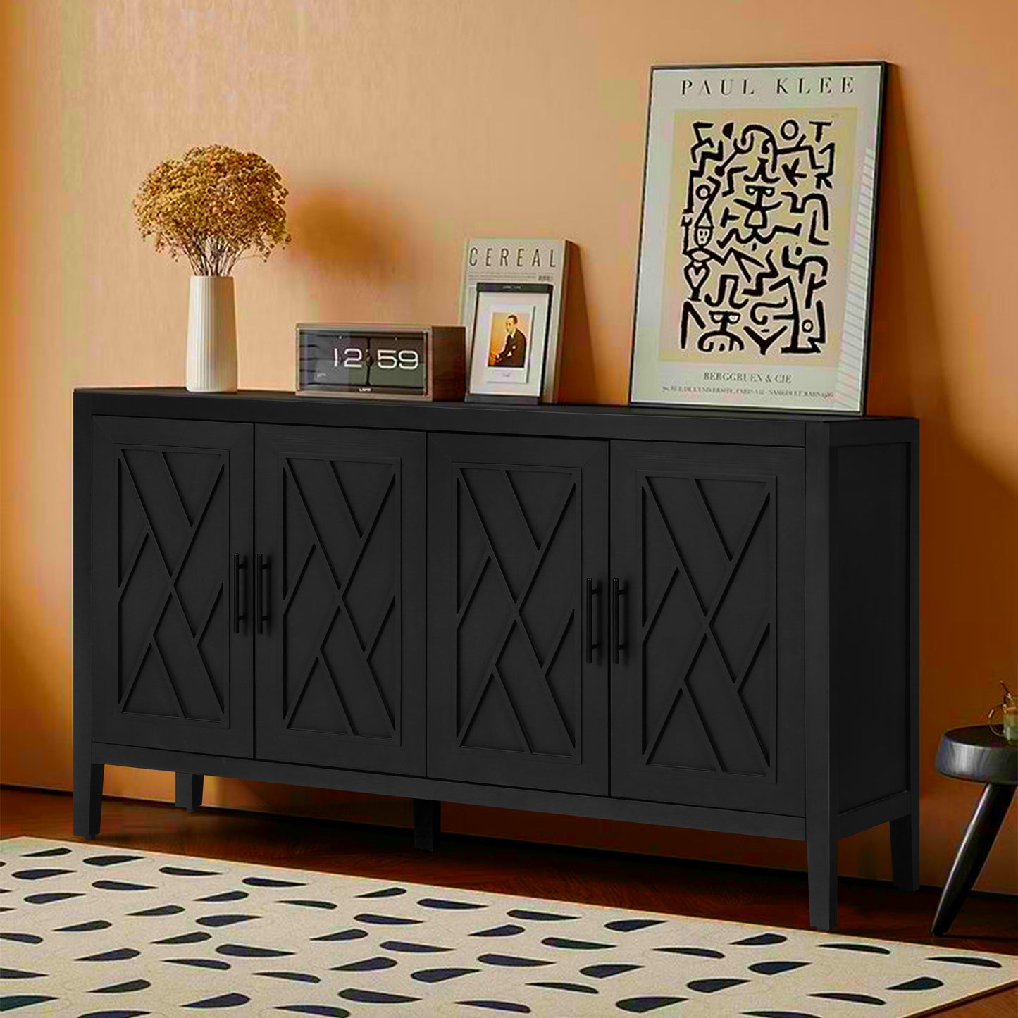 4-Door Wooden Twill Sideboard, American Country Vintage Design for Living Rooms, Dining Rooms, and Hallways, Black