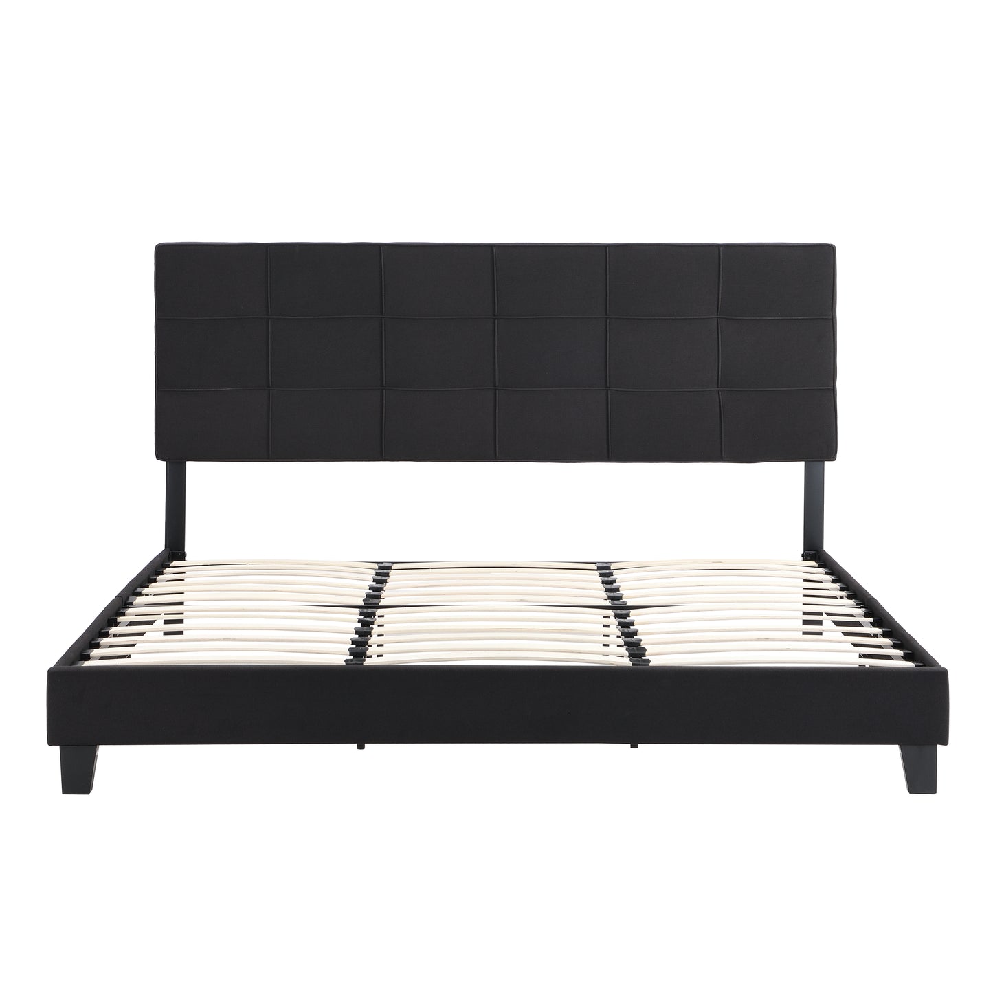 King Size Upholstered Platform Bed Frame with Linen Fabric Headboard BLACK