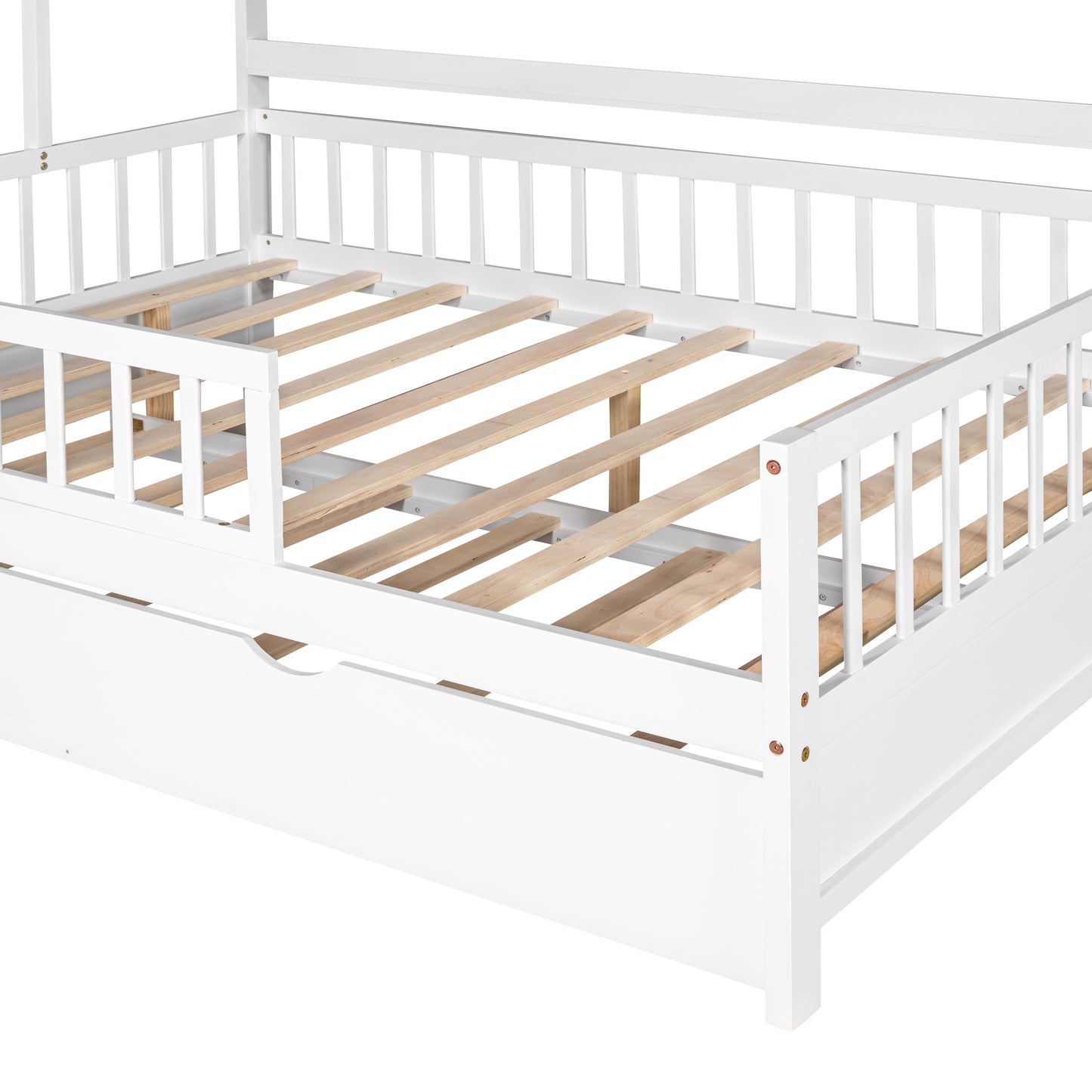 Wooden Full Size House Bed with Twin Size Trundle Kids Bed with Shelf White