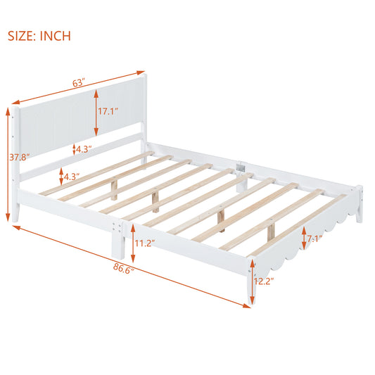 Queen Size Wood Platform Bed Frame, Retro Style Bed with Rectangular Headboard,No Need Box Spring,White