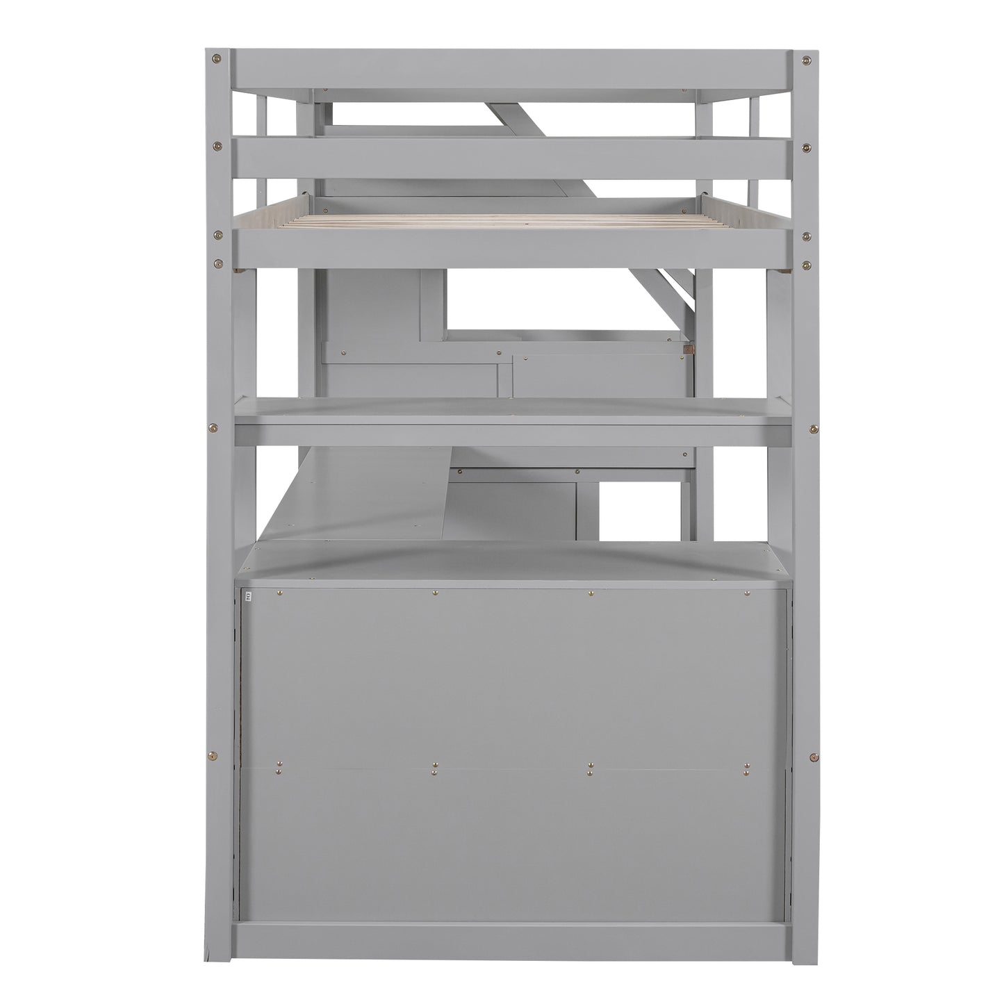 Twin Size Loft Bed with Desk and Shelves Two Built-in Drawers, Storage Staircase Gray