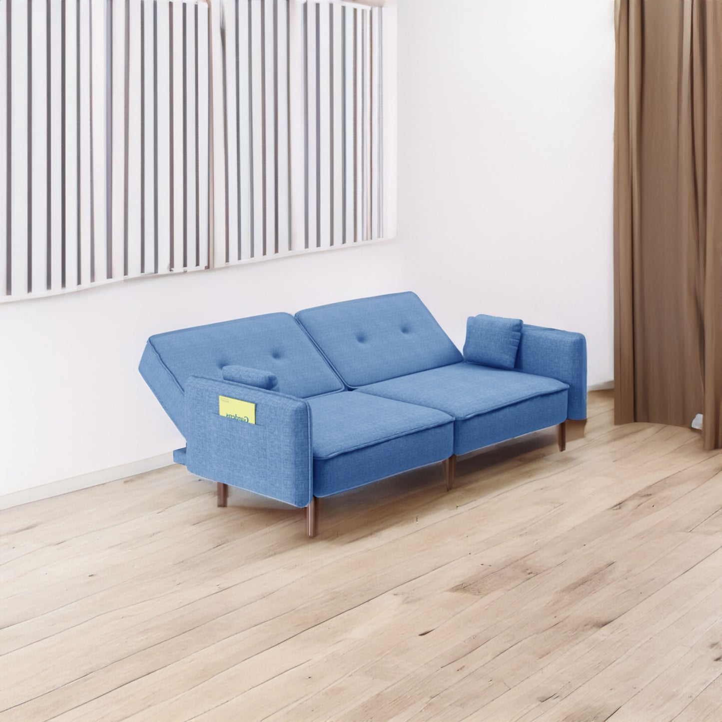 Sofá cama tipo futón para sala de estar en tela azul con patas de madera maciza, perfecto para espacios pequeños