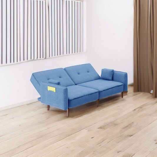 Living Room Futon Sofa Bed in Blue Fabric with Solid Wood Legs, Perfect for Small Spaces