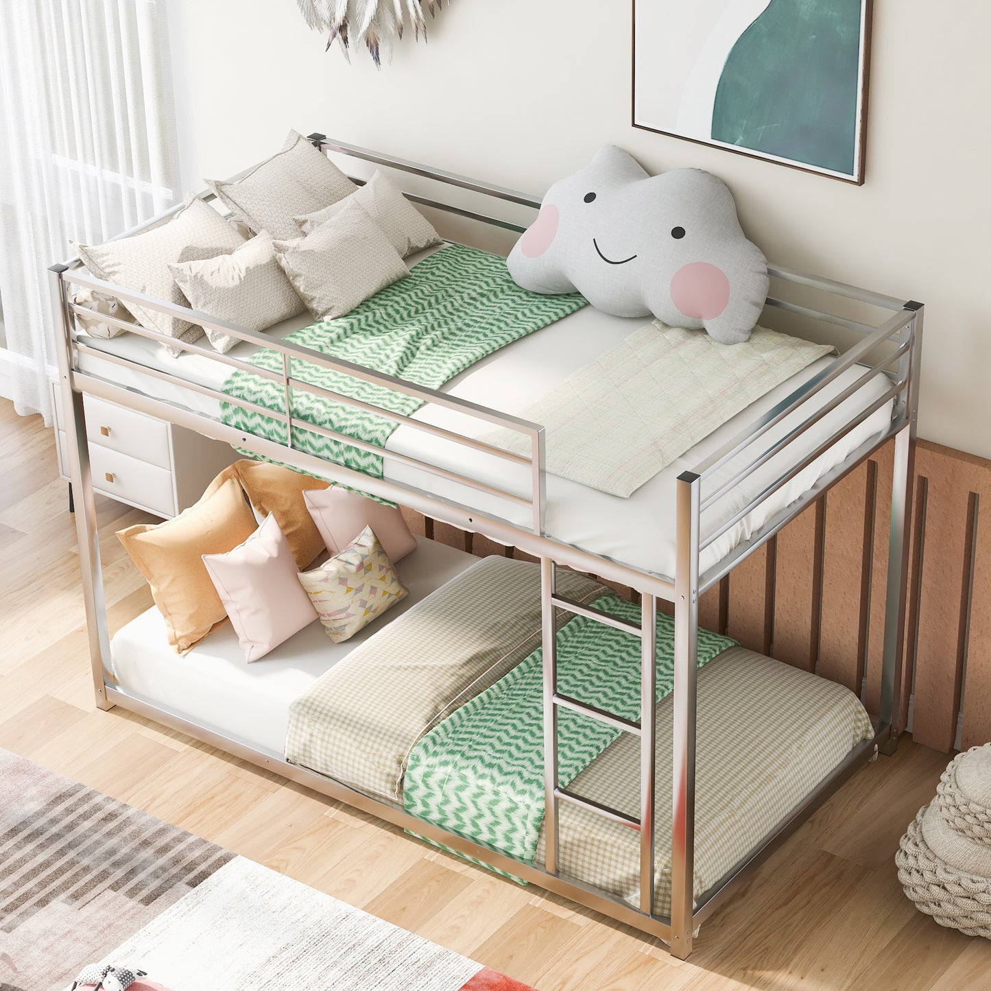 Twin over Twin Metal Bunk Bed, Low Bunk Bed with Ladder Silver