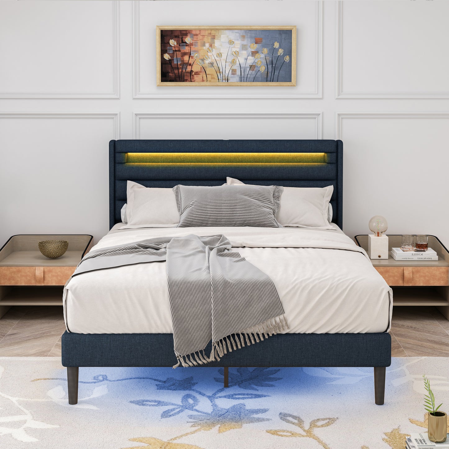 Queen Size Bedframe with LED Bedside Induction Light Wrapped in Linen Bedside Atmosphere Light Dark Blue