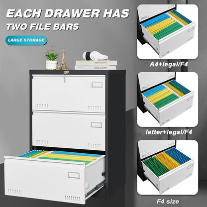 3 Drawer Metal Lateral File Cabinet with Lock Office Vertical Files Cabinet for Home Office